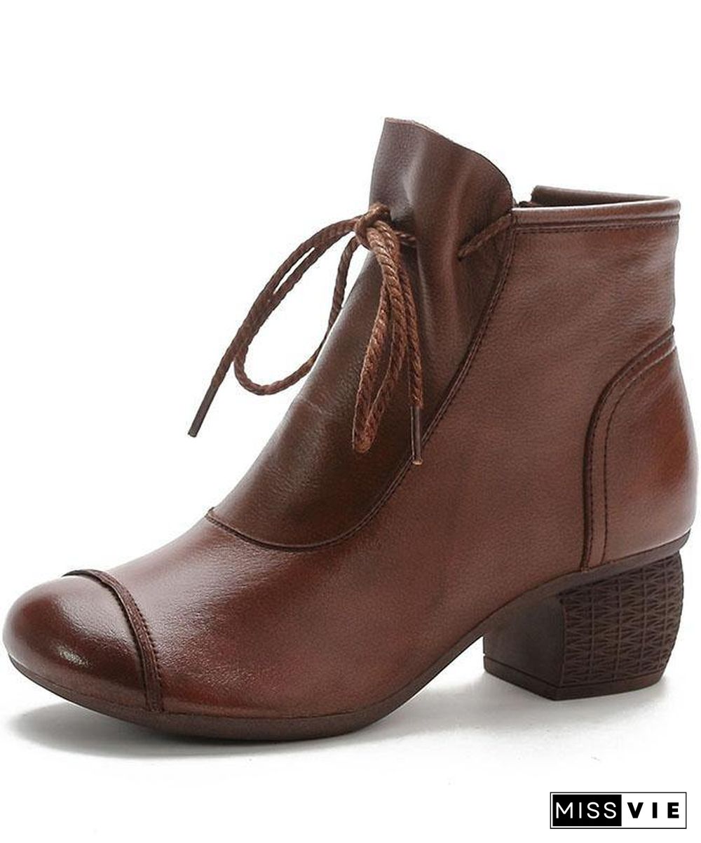 Brown Chunky Cowhide Leather Simple Splicing Ankle boots