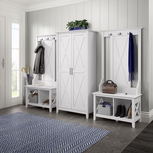 Bush Furniture Key West Entryway Storage Set with Hall Tree， Shoe Bench and Tall Cabinet in Pure White Oak