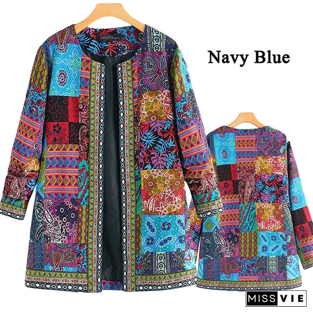 Women  Casual Loose Ethnic Open Front Cardigan Autumn Spring Fashion Floral Print Outwear JacketLong Sleeve Thin Coat Plus Size S-5XL