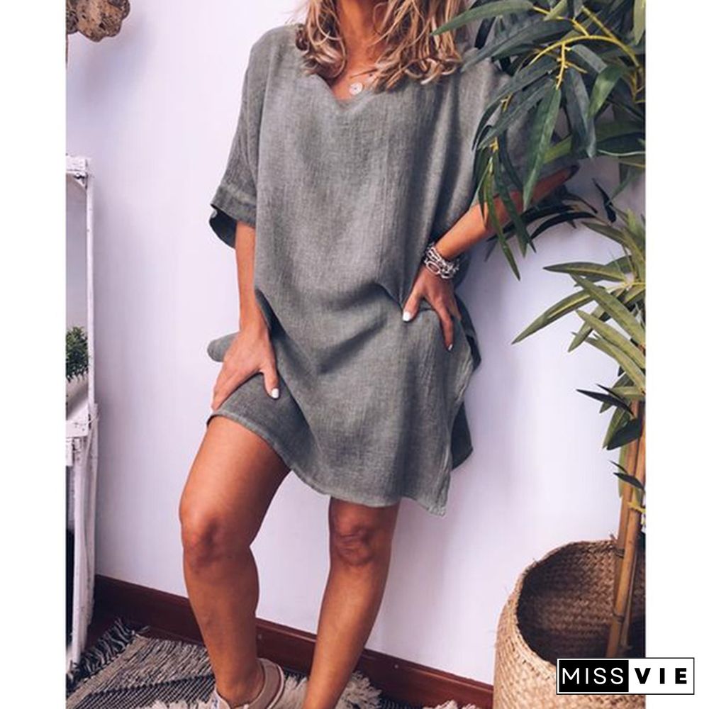 Women's Summer Casual Short Sleeve Plus Size Oversized T-shirt Dress Solid Color Loose Slit Hem Long Linen Blouses Side Slit Beach Wear Party Dress