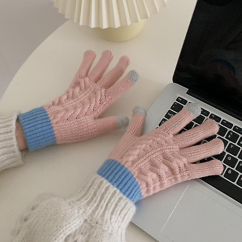 Women Touch Screen Gloves - Winter Warm Knitted Touchscreen Gloves Thermal Cable Knit Gloves Fleece Lined Full Finger Gloves2setgreen+pink