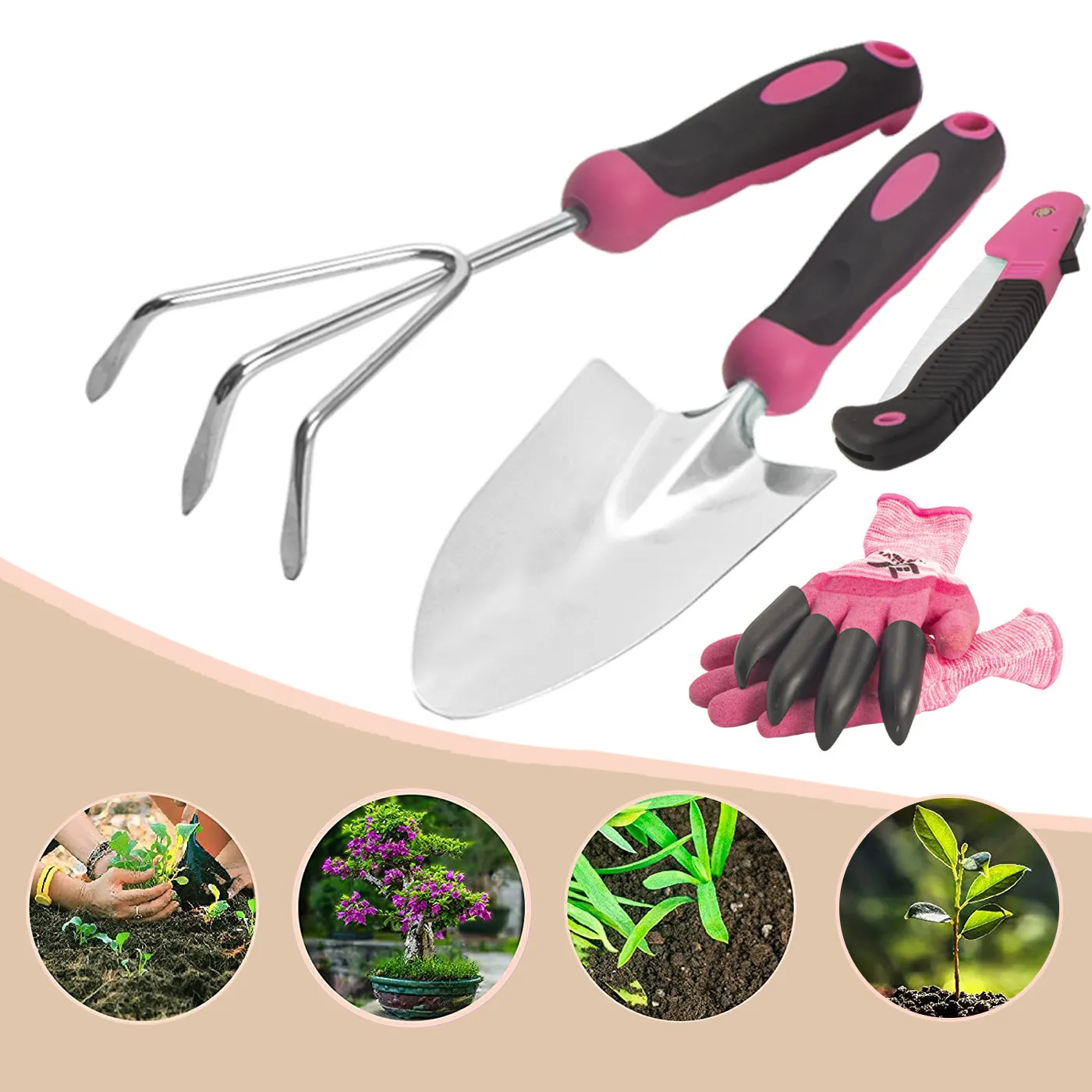 Ten Pack Stainless Steel PP TPR Handle Pink Shovel Rake Pruning Shears Mowing Weeding Garden Set with Oxford Bucket Bag