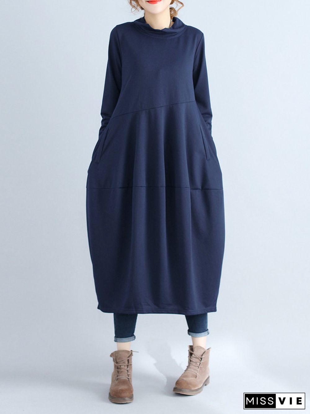 Casual Loose Plus Size Solid Color Hooded Midi Dresses