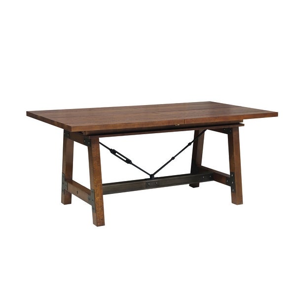 Wooden Dining Table with Extendable Leaf and Block Legs， Brown