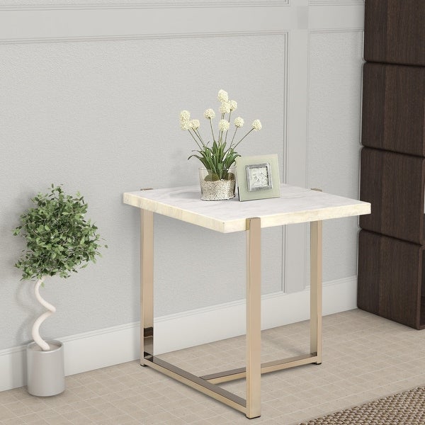 Modern Style Marbleized Wooden End Table with Tubular Metal Frame， Gold and White - 24.25 H x 23 W x 23.75 L Inches