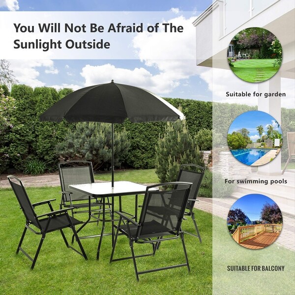 6 Piece Folding Patio Dining Set，Small Metal Outdoor Garden Patio Table and Chair Set w/Umbrella for Lawn，Deck，Backyard，Black