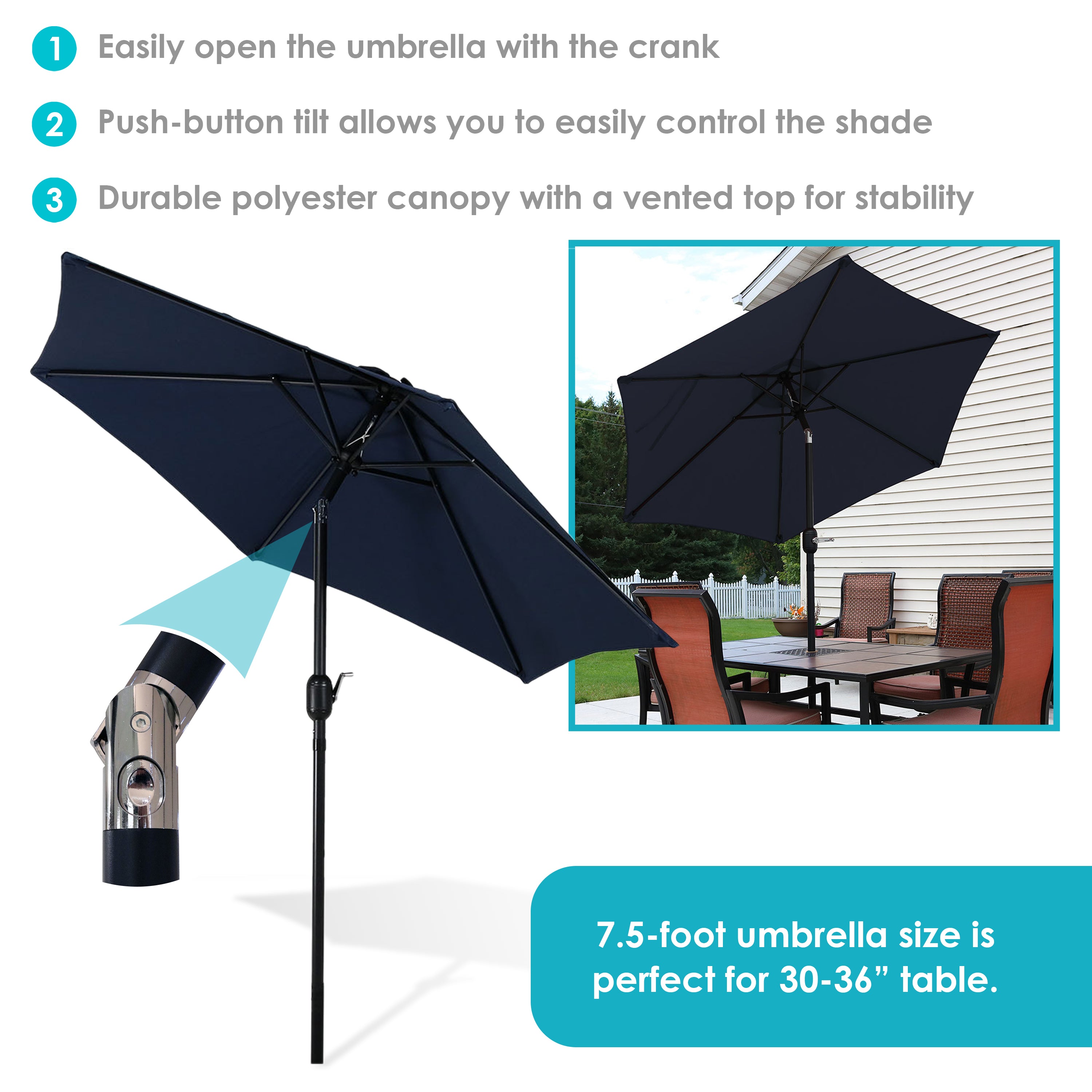 Sunnydaze Outdoor Aluminum Patio Table Umbrella with Polyester Canopy and Tilt and Crank Shade Control - 7.5' - Blue