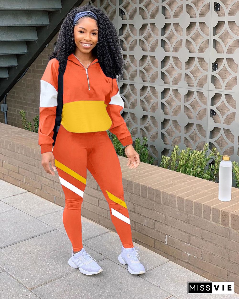 Fashion Color Spliced Hoodie Sport Pants Two-piece Set