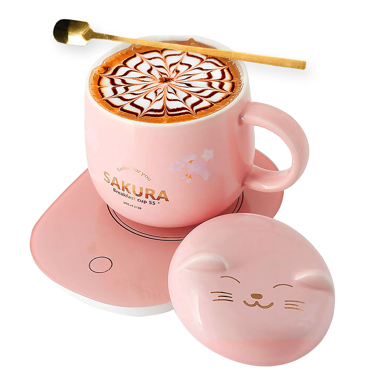 Coffee Warmer with Mug， Smart Coffee Mug Warmer with Cute Cat Pattern， Mug Tea Cup Set for Home Office Desk Use Pink