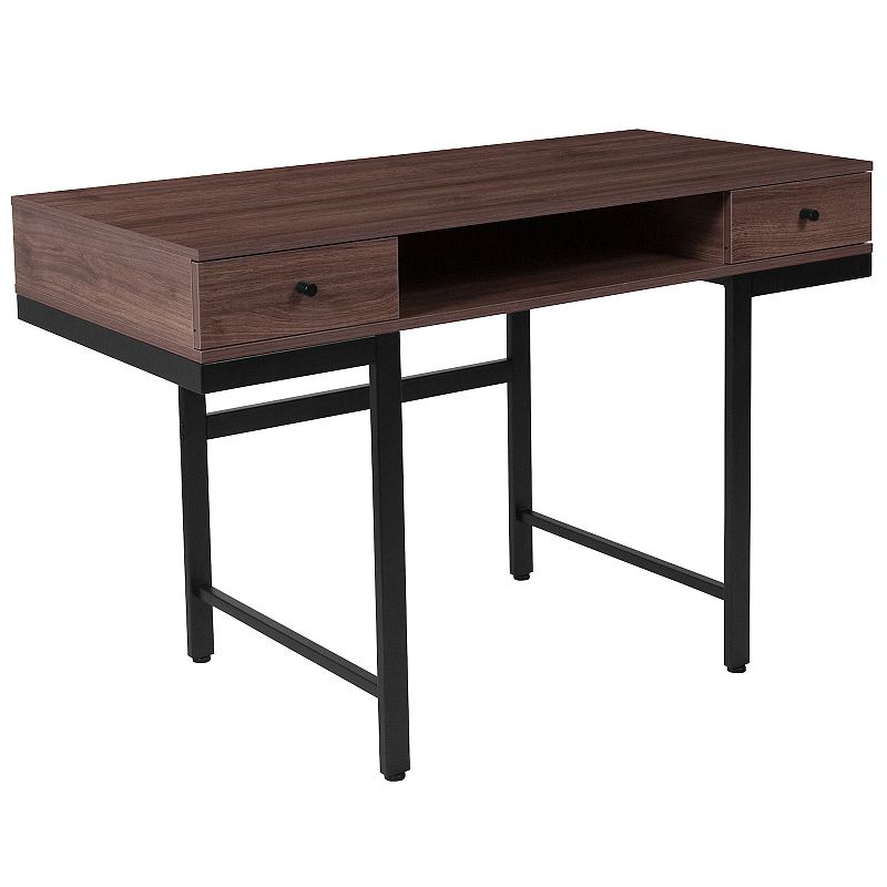 Merrick Lane Bridgewater Dark Ash Wood Grain Computer Desk with Black Metal Offset Legs and Frame and Two Drawers with Black Pulls