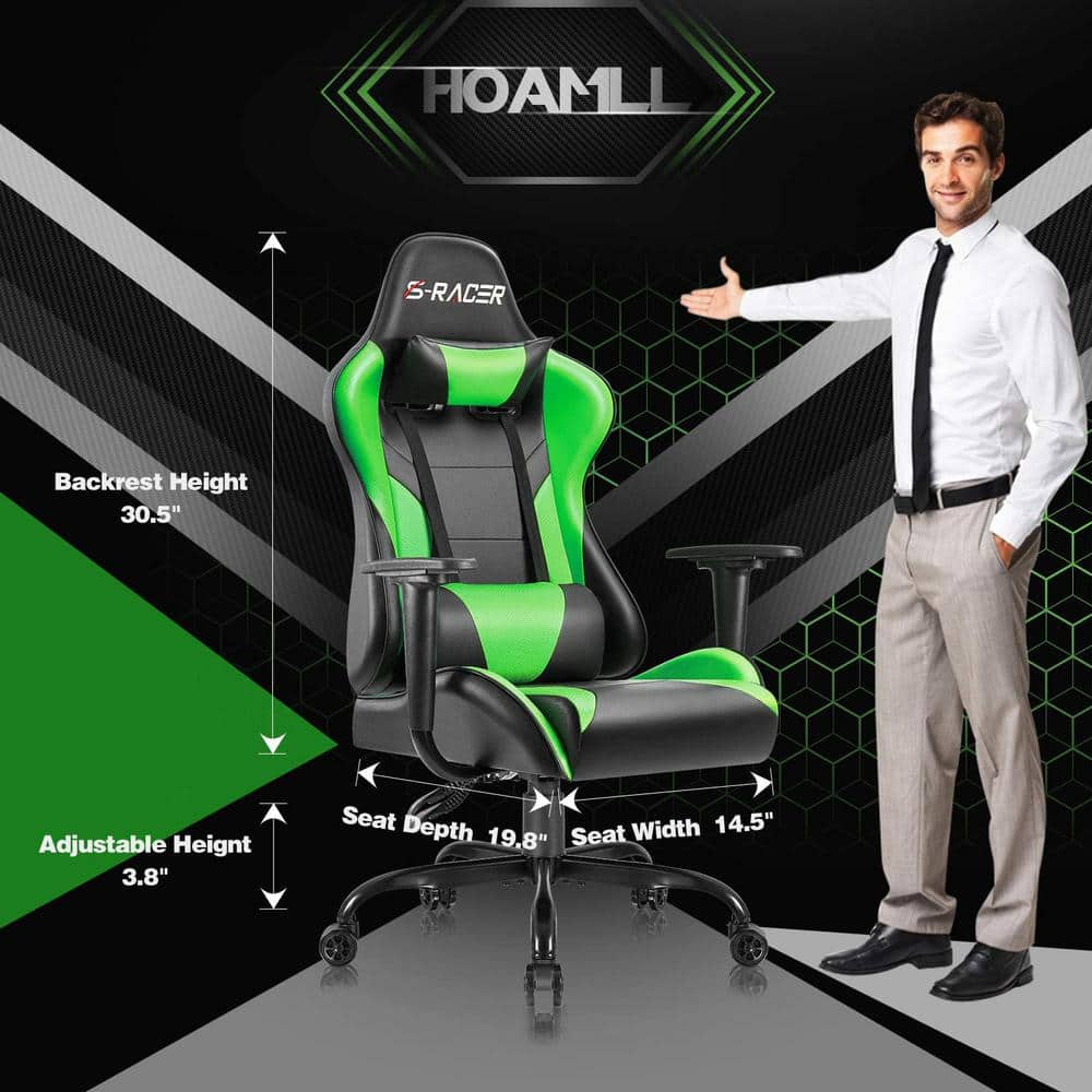 LACOO Gaming Chair High Back Racing Computer Chair PU Leather Adjustable Seat Height Swivel Chair with Headrest(Green) T-OCRC8S79