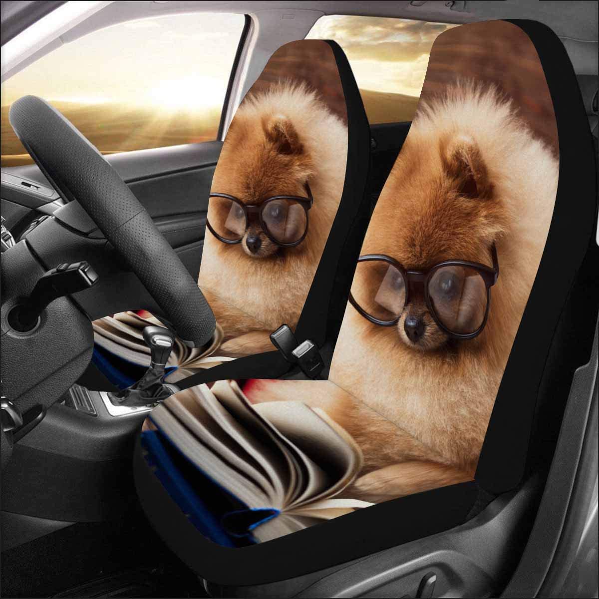 ZHANZZK Set of 2 Car Seat Covers Clever Pomeranian Dog A Book A Dog Sheltered A Blanket A Book Serious Dog Universal Auto Front Seats Protector Fits for Car，SUV Sedan，Truck