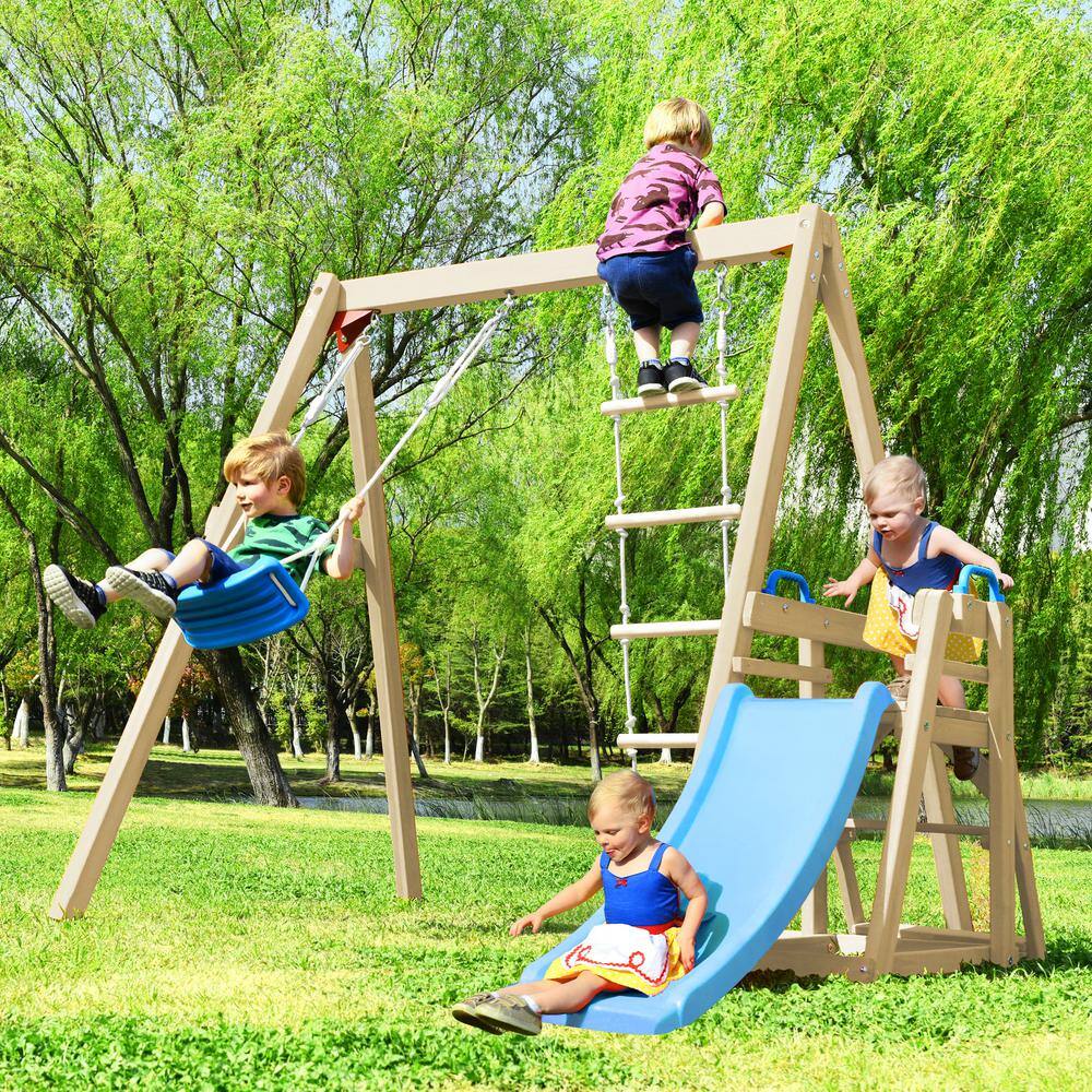 TIRAMISUBEST Outdoor Wooden Swing Set with Slide for Toddlers SWXY000062AAP