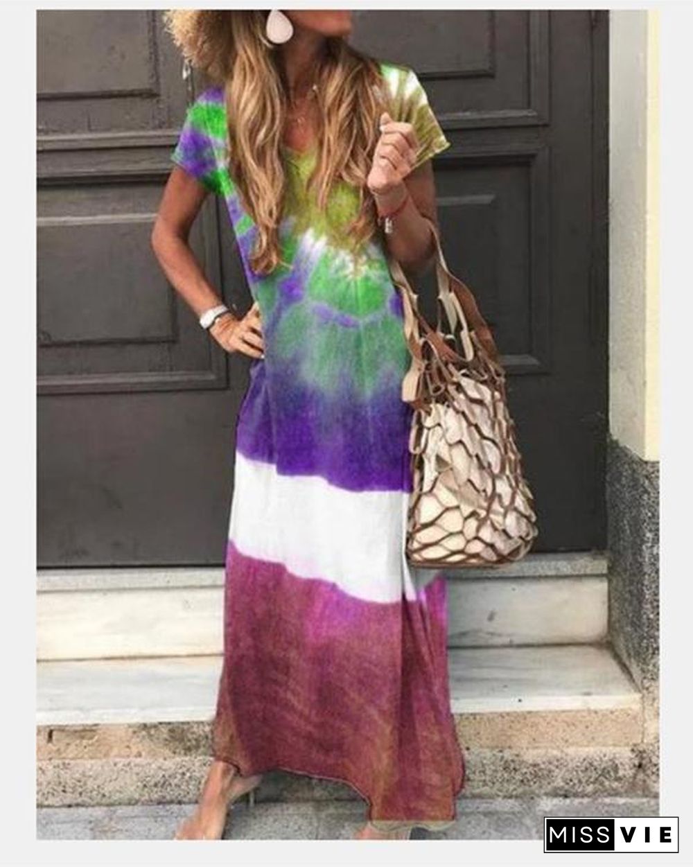 Crew Neck Casual Short Sleeve Gradient Maxi Dresses