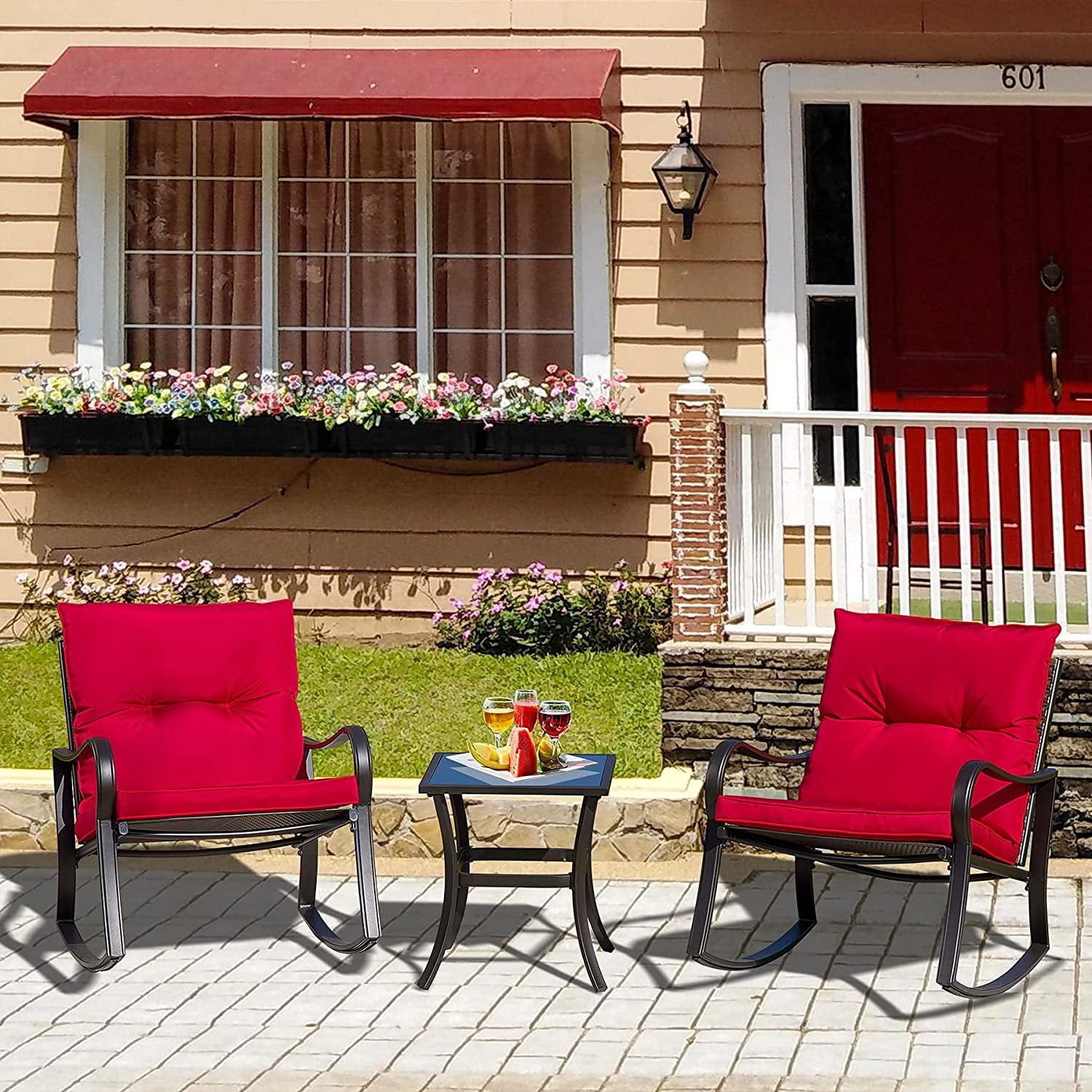 Domi Outdoor Living 3 Pieces Bistro Set Rocking Chairs Thickened Cushion and Glass Top Table (Red)