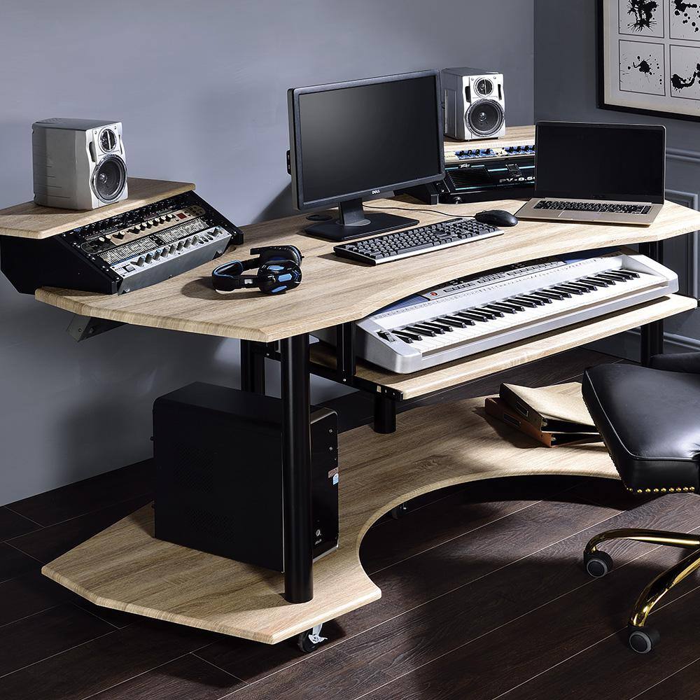 Acme Furniture Eleazar 40 in. Curve Natural Oak Metal Music Recording Studio Computer Desk 92892