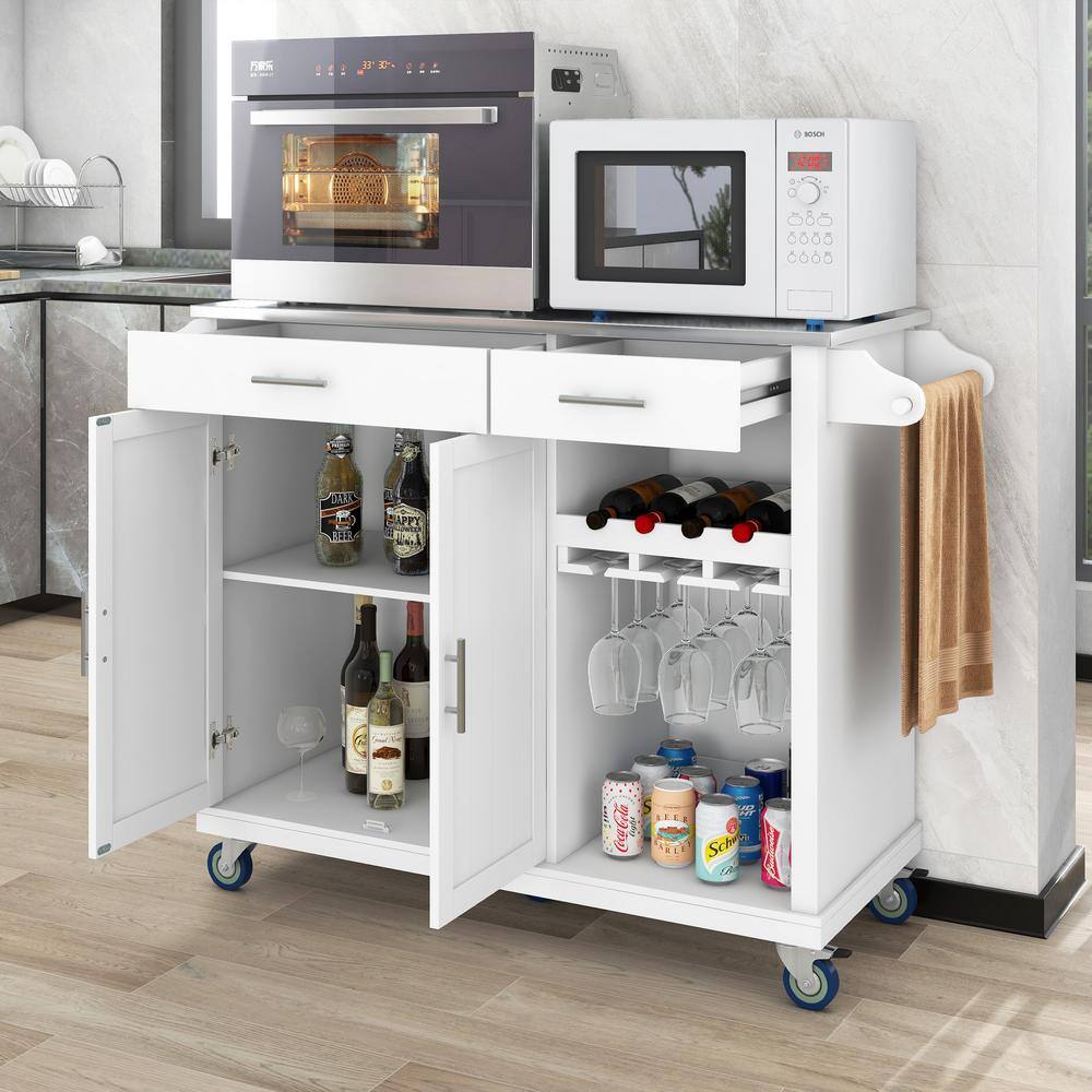 Modern White Stainless Steel Top 51 in. Kitchen Island on Wheels with 2-Drawers Racks and Storage Cabinet ZY-WF295114AAW