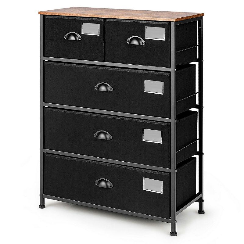 5-Drawer Storage Dresser with Labels and Removable Fabric Bins-Black