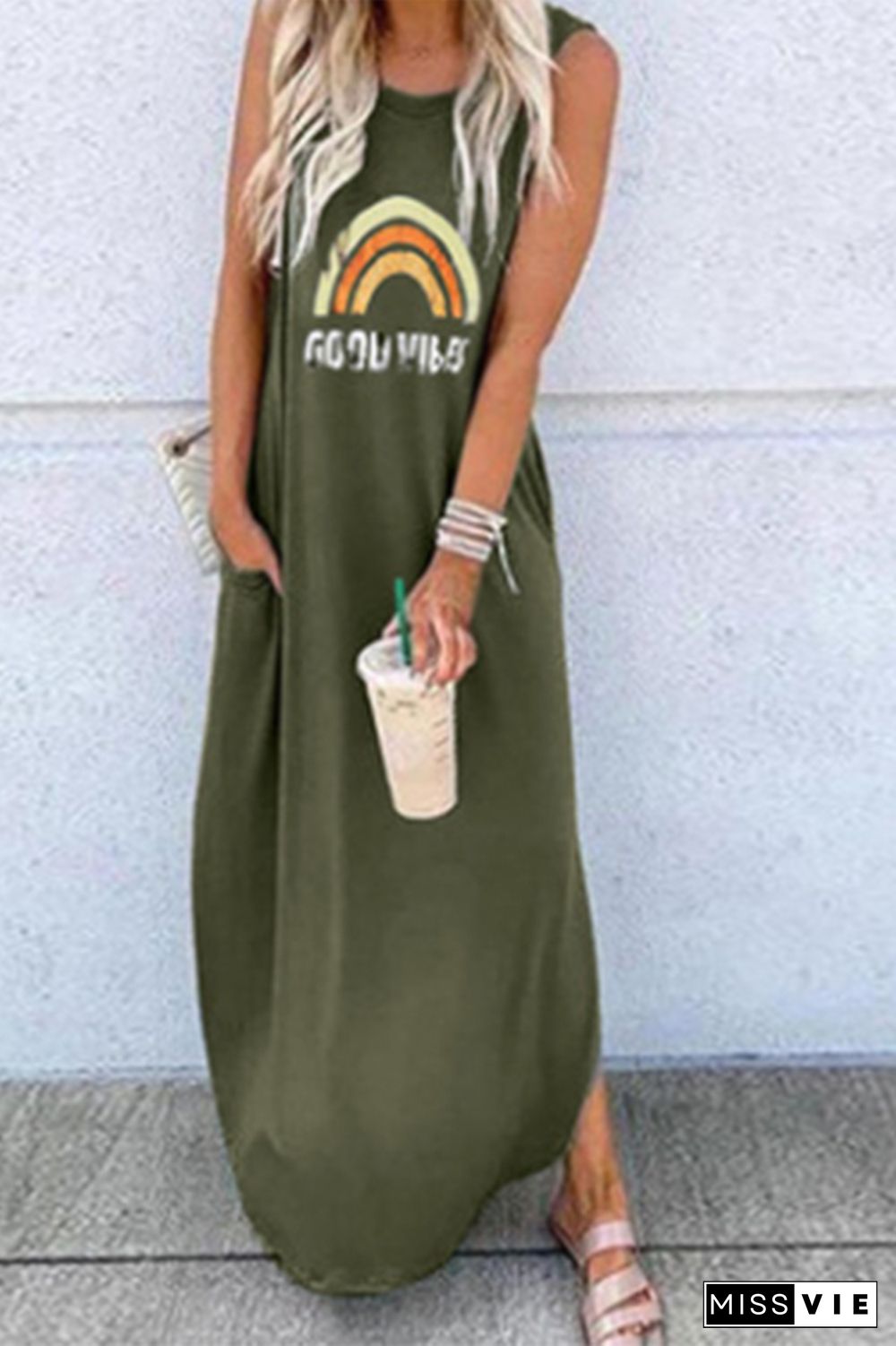 Army Green Printed O-neck Sleeveless Dresses