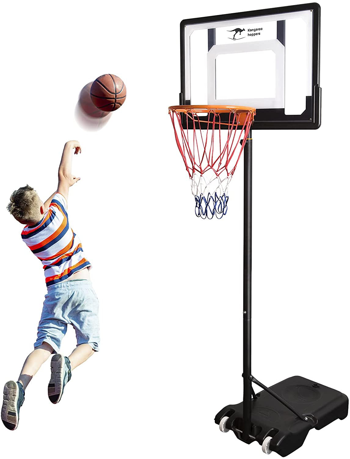 Kangaroo Hoppers 5FT- 6.8FT Height Adjustable Portable Basketball Hoop for Kids， Basketball System with Wheels for Indoor and Outdoor