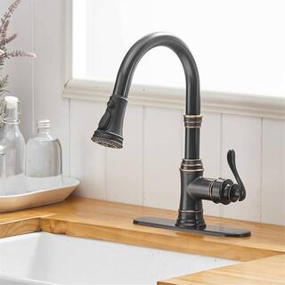 FLG Single-Handle Deck Mount Gooseneck Pull Down Sprayer Kitchen Faucet with Deckplate in Oil Rubbed Bronze LE-0014-ORB