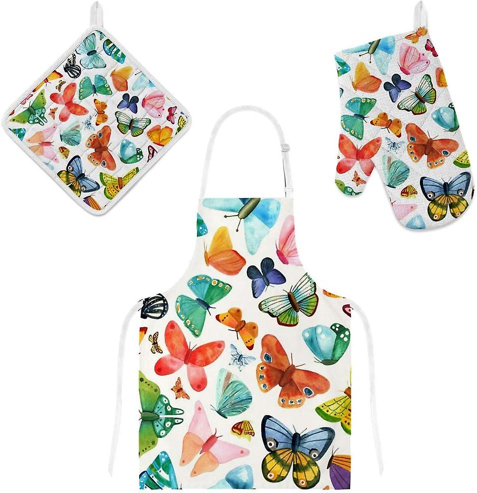 Kitchen Oven Mitts Glove Potholder Apron 3pcs Set Watercolor Butterflies Non Slip Heat Resistant Mitts For Baking Cooking Bbq