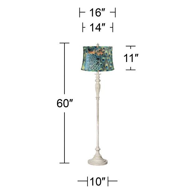 Tall Antique White Washed Peacock Print Drum Shade For Living Room Reading Bedroom Office