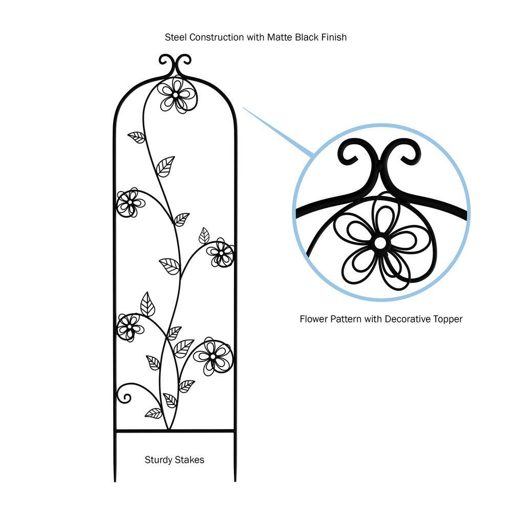 49 in. Decorative Flower Stem Design Metal Garden Trellis for Climbing Plants in Black 280023ION