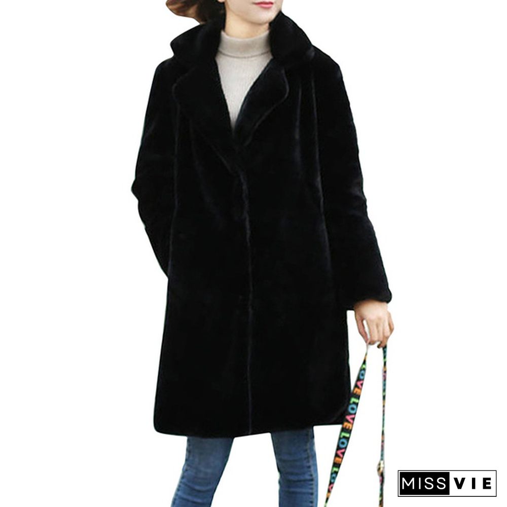 Women Mink Faux Fur Coat Solid Female Turn Down Collar Winter Warm Fur Lady Overcoat Casual Jacket