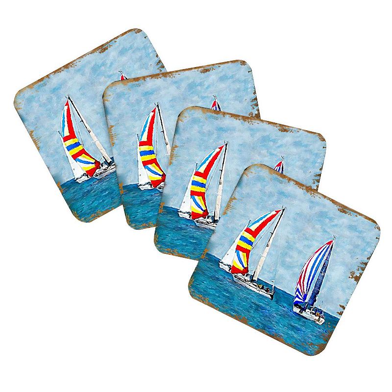 Sailboats Coastal Wooden Cork Coasters Gift Set of 4 by Nature Wonders