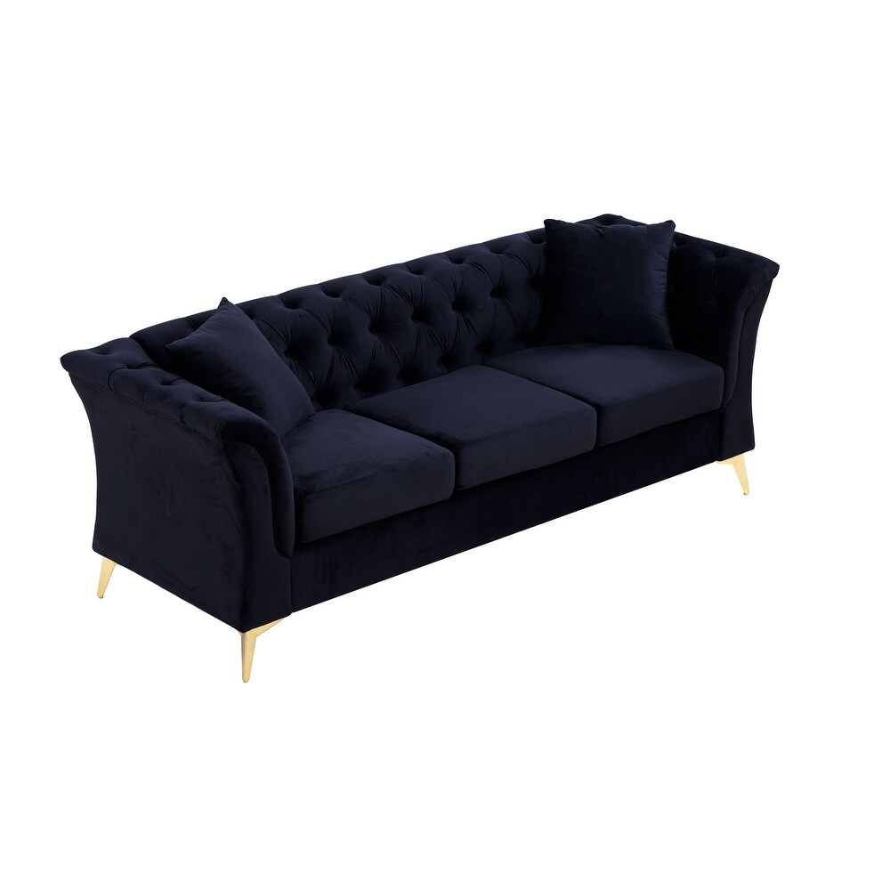 Black Modern 3 Seater Button Tufted Sofa with Soft Tufted Velvet Upholstery  Scroll Arms  and Gold Metal Legs for Living Room