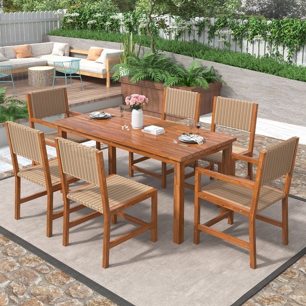 Wood And Rattan Outdoor Dining Table And Chairs For 6 People -  - 37506563