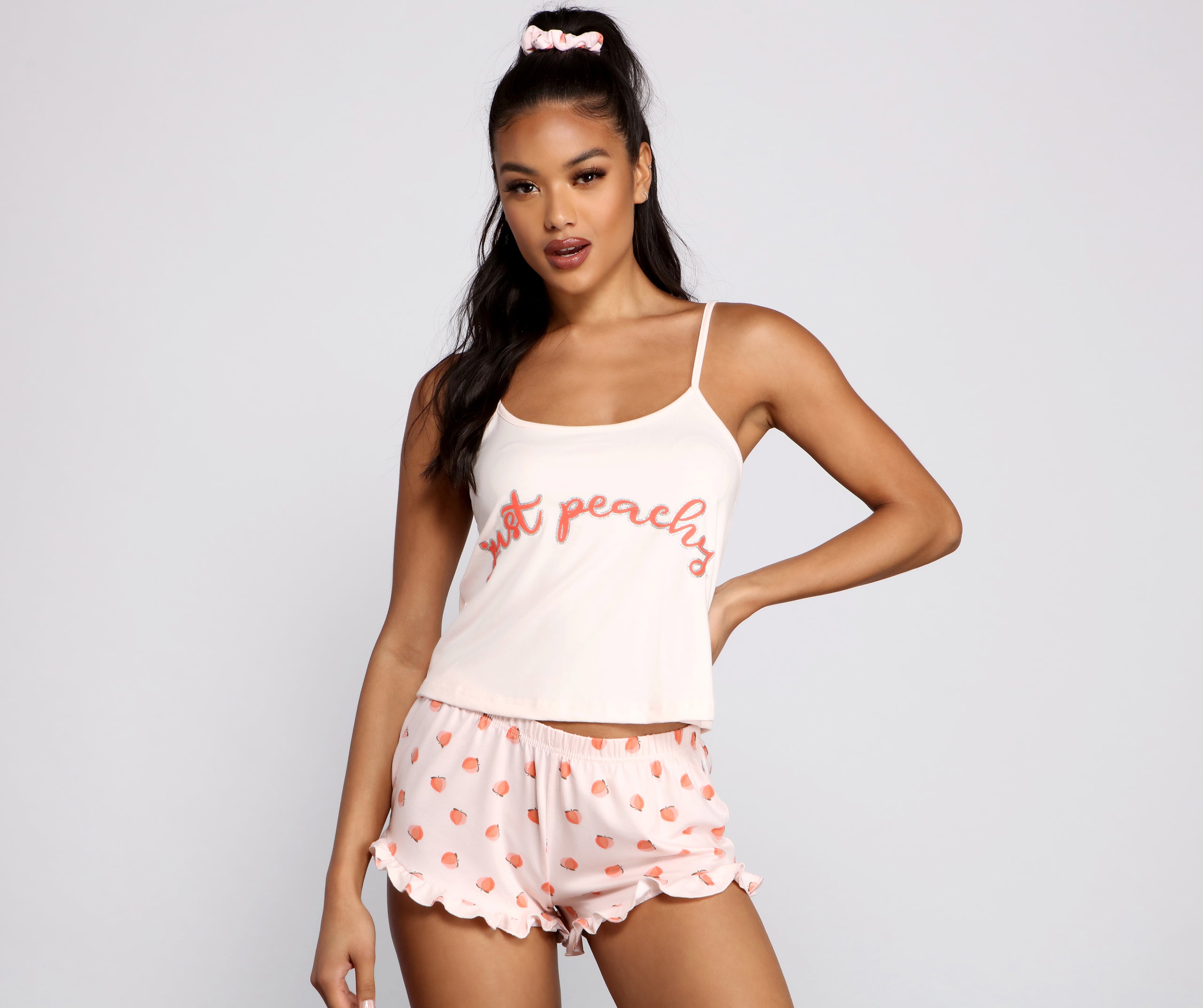 Just Peachy Pajama Tank With Shorts And Scrunchie Set