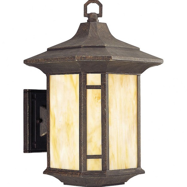 Progress Lighting Arts And Crafts 1 light Wall Lantern Weathered Bronze Honey Art Glass amp Mica Panels