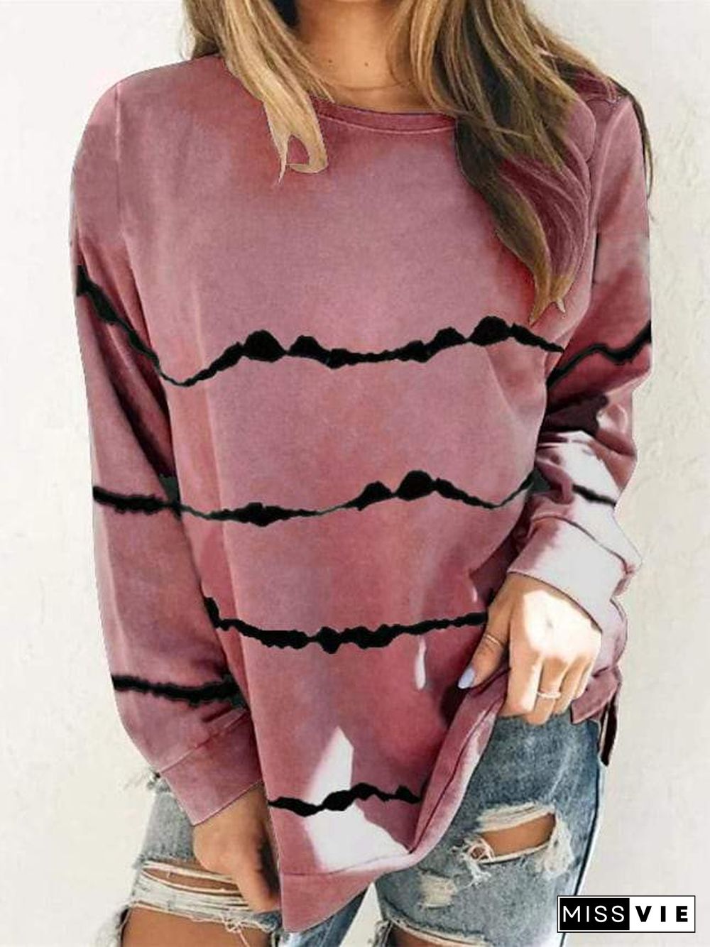 Women's Plus Size Tops T Shirt Print Striped Large Size Round Neck Long Sleeve Big Size