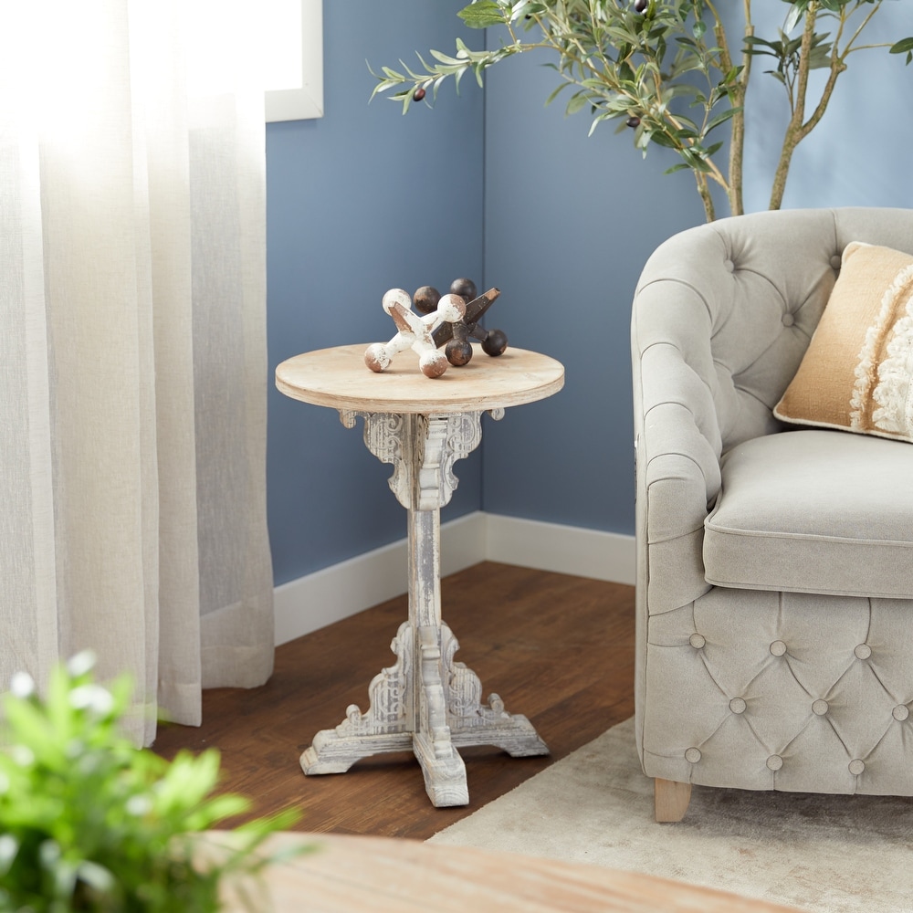 Wood Intricately Carved Scroll Accent Table with Brown Wood Top