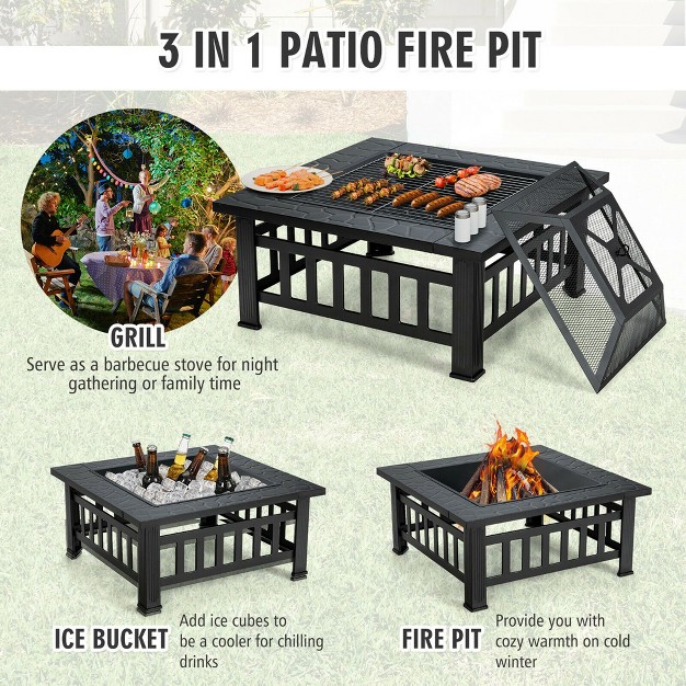 Costway 32 x27 x27 3 In 1 Outdoor Square Fire Pit Table W Bbq Grill Rain Cover For Camping