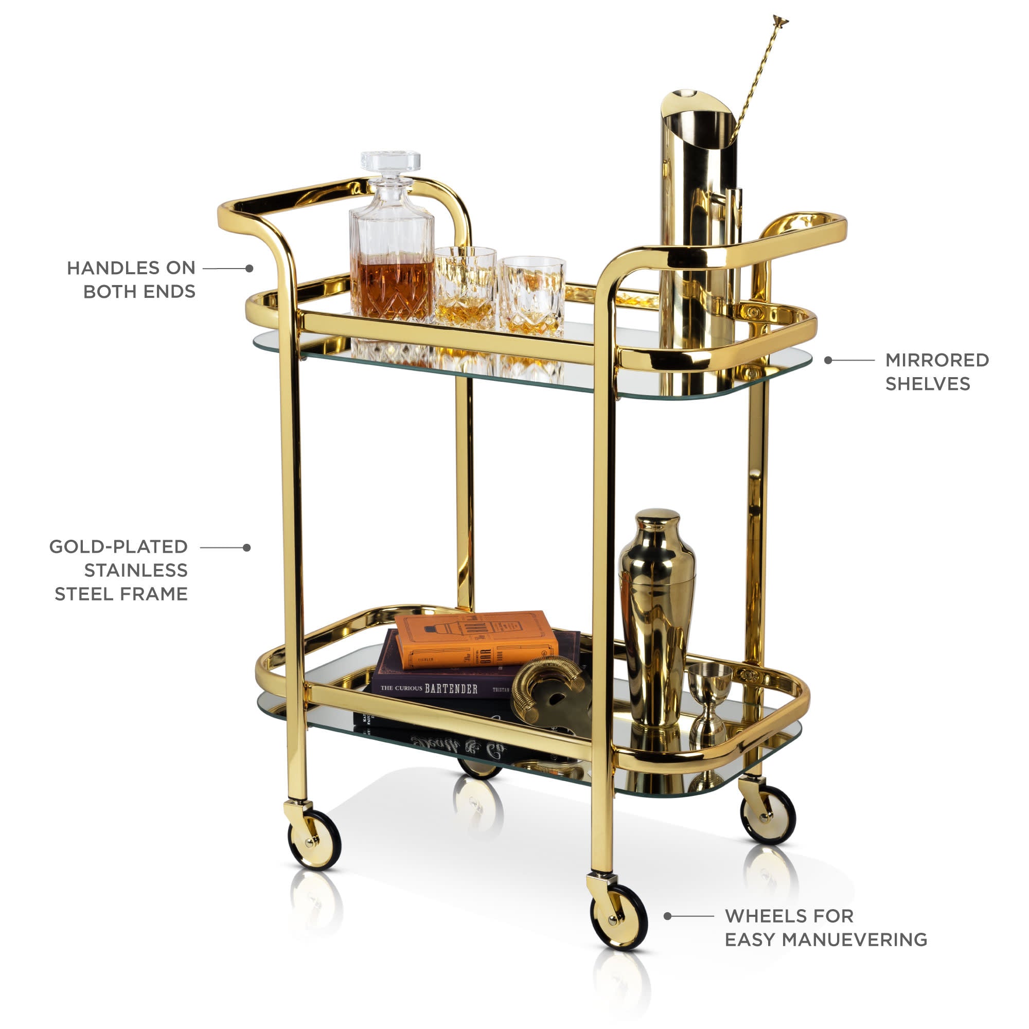 Viski Stainless Steel Kitchen and Bar Cart w/ Wheels and Mirror Shelves， Gold Finish