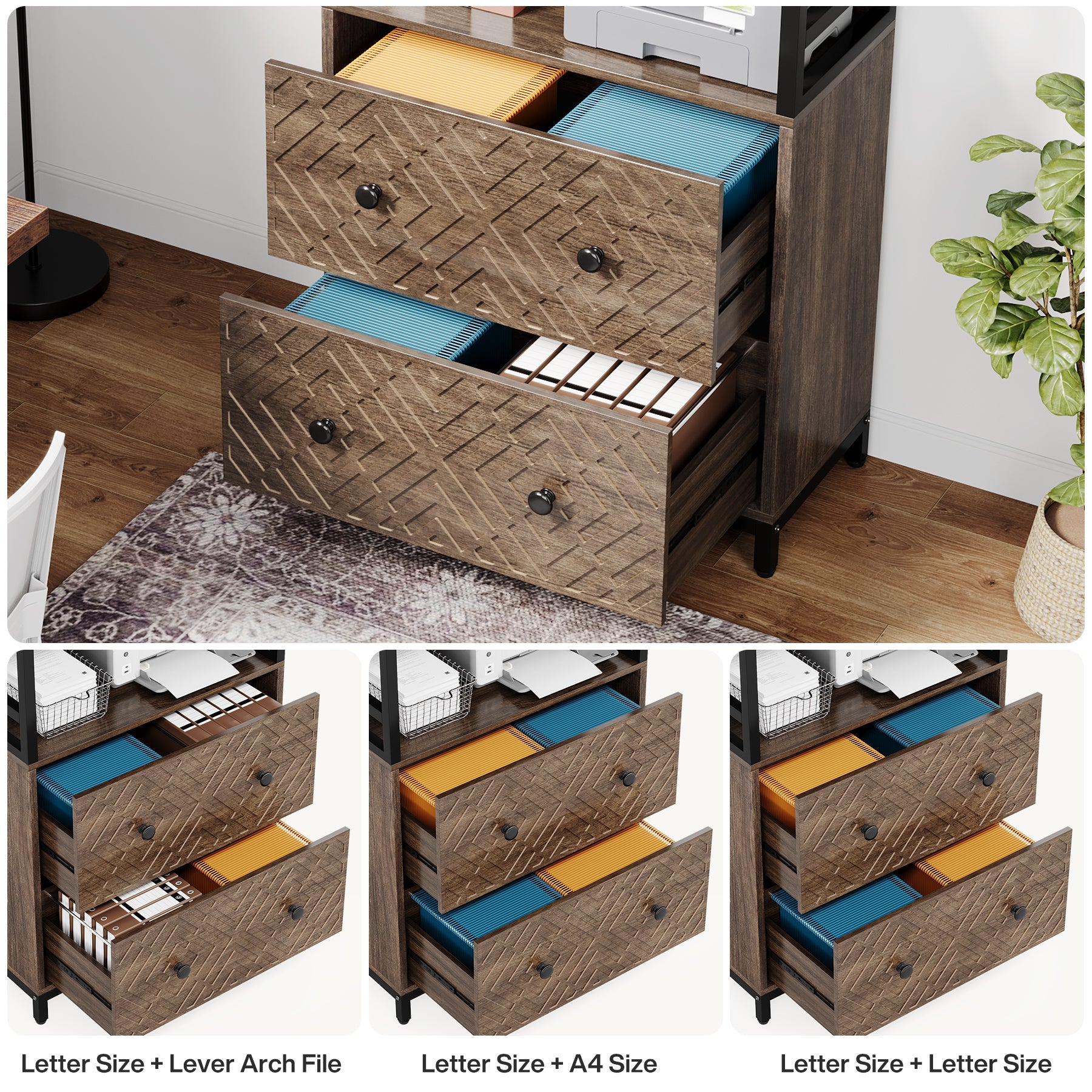 2-Drawer File Cabinet, Filing Cabinet Printer Stand With 3 Tier Storage Shelves