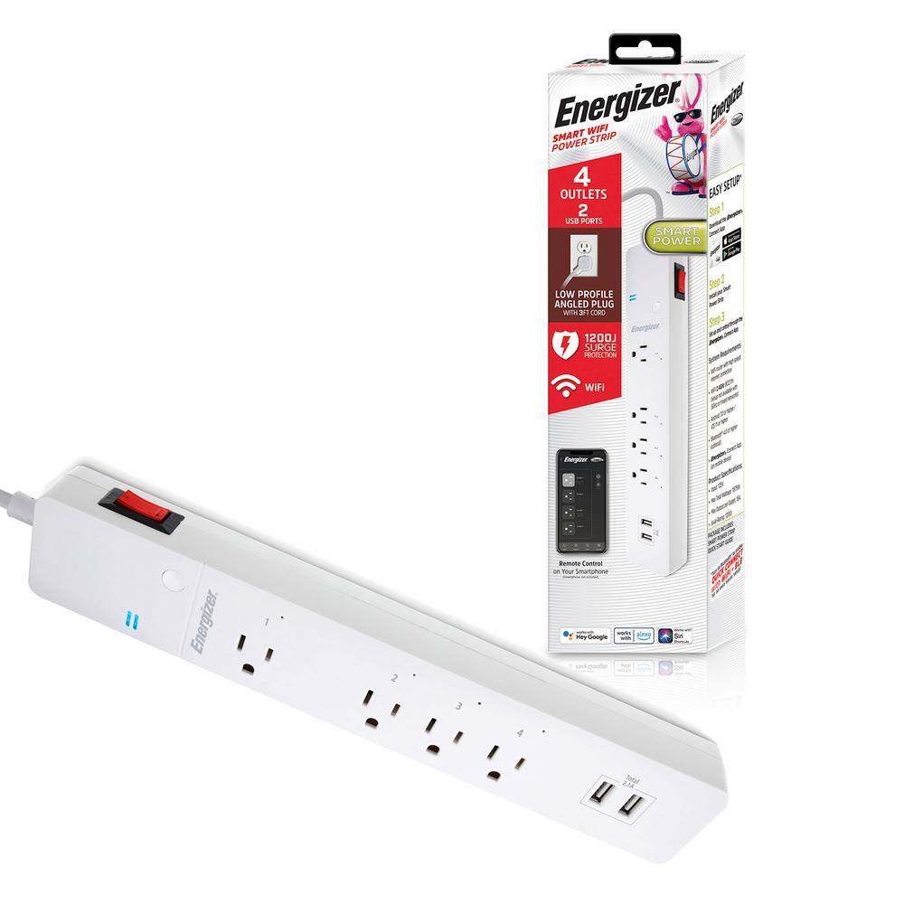 Energizer Smart Wi-Fi 4-Outlet 2 USB Ports Power Strip Surge Protector 1200 Joules Voice Control EIS3-1000-WHT