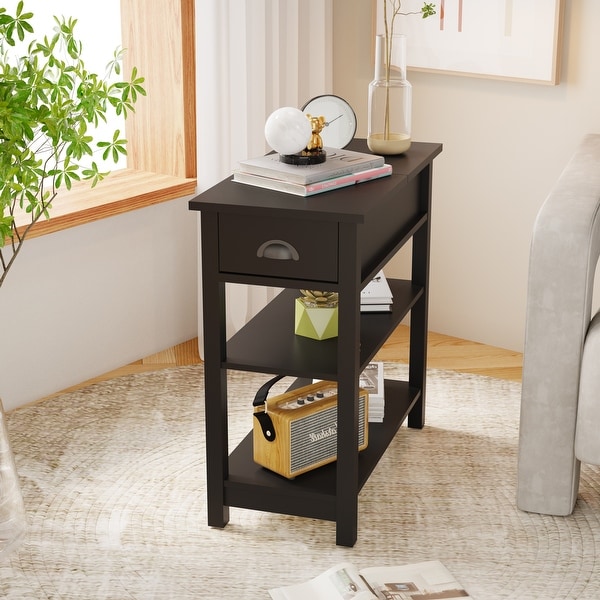 Narrow Sided End Table with Drawers and Flip Top