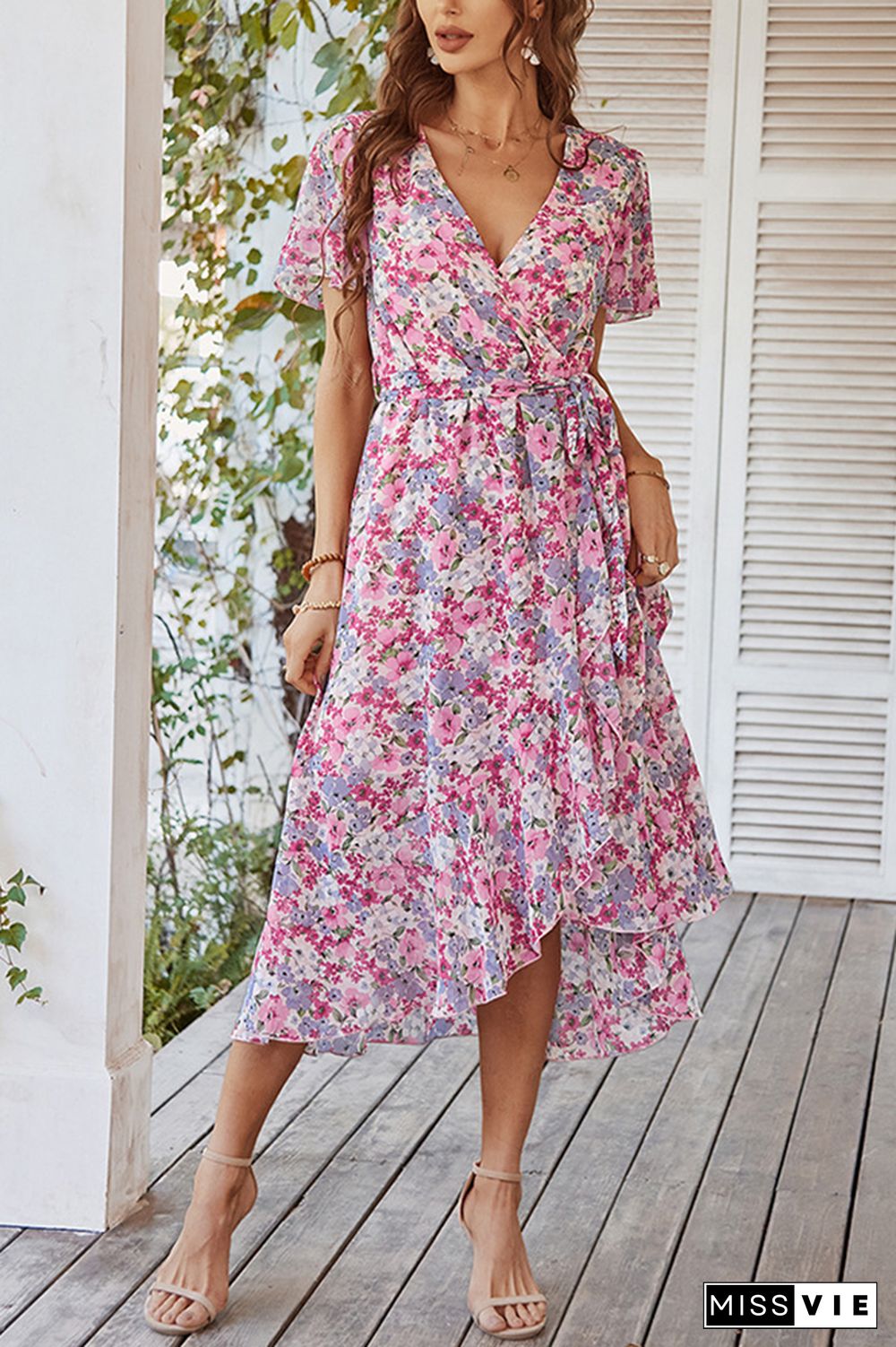 Floral Print V-neck Tie Waist Dress Wholesale