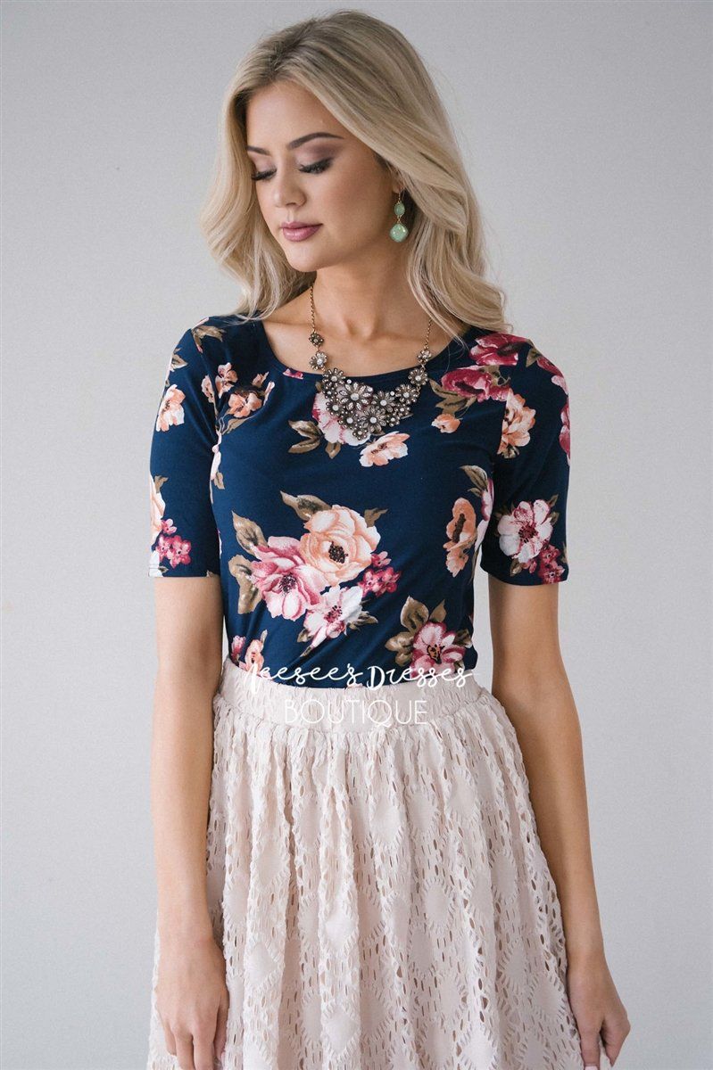 Navy Floral Scoop Neck Top