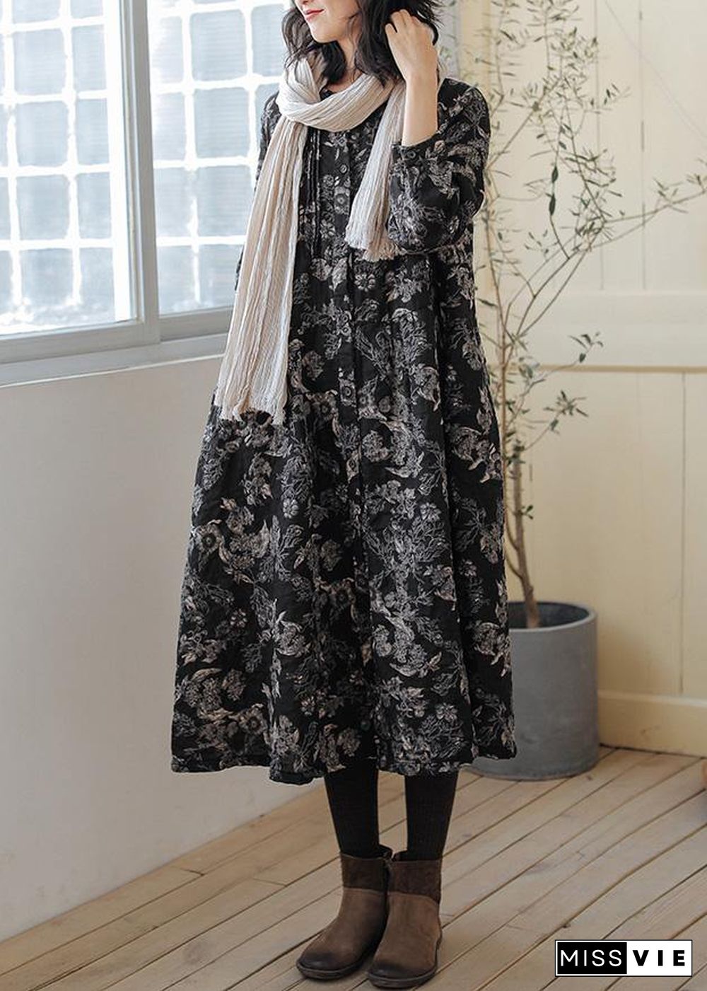 DIY print linen cotton outfit stand collar Cinched cotton fall Dress