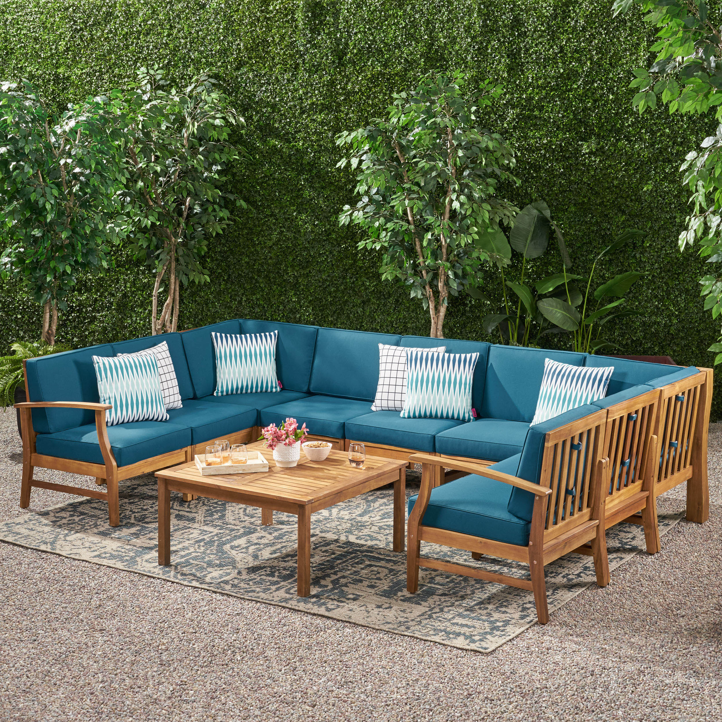 Judith Outdoor 9 Seater Acacia Wood Sectional Sofa Set with Cushions