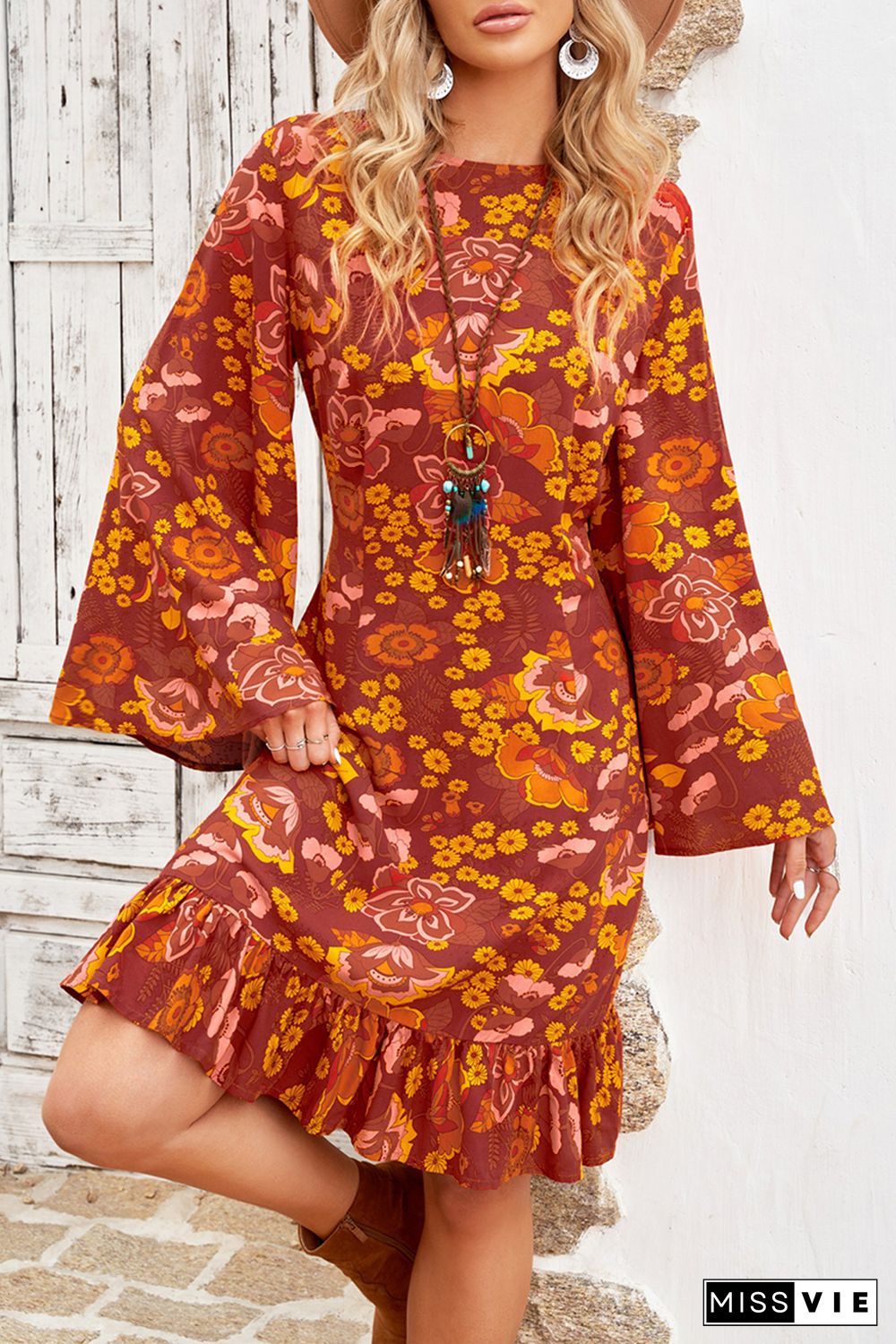 Boho Floral Print Ruffled Long Sleeve Mini Dress