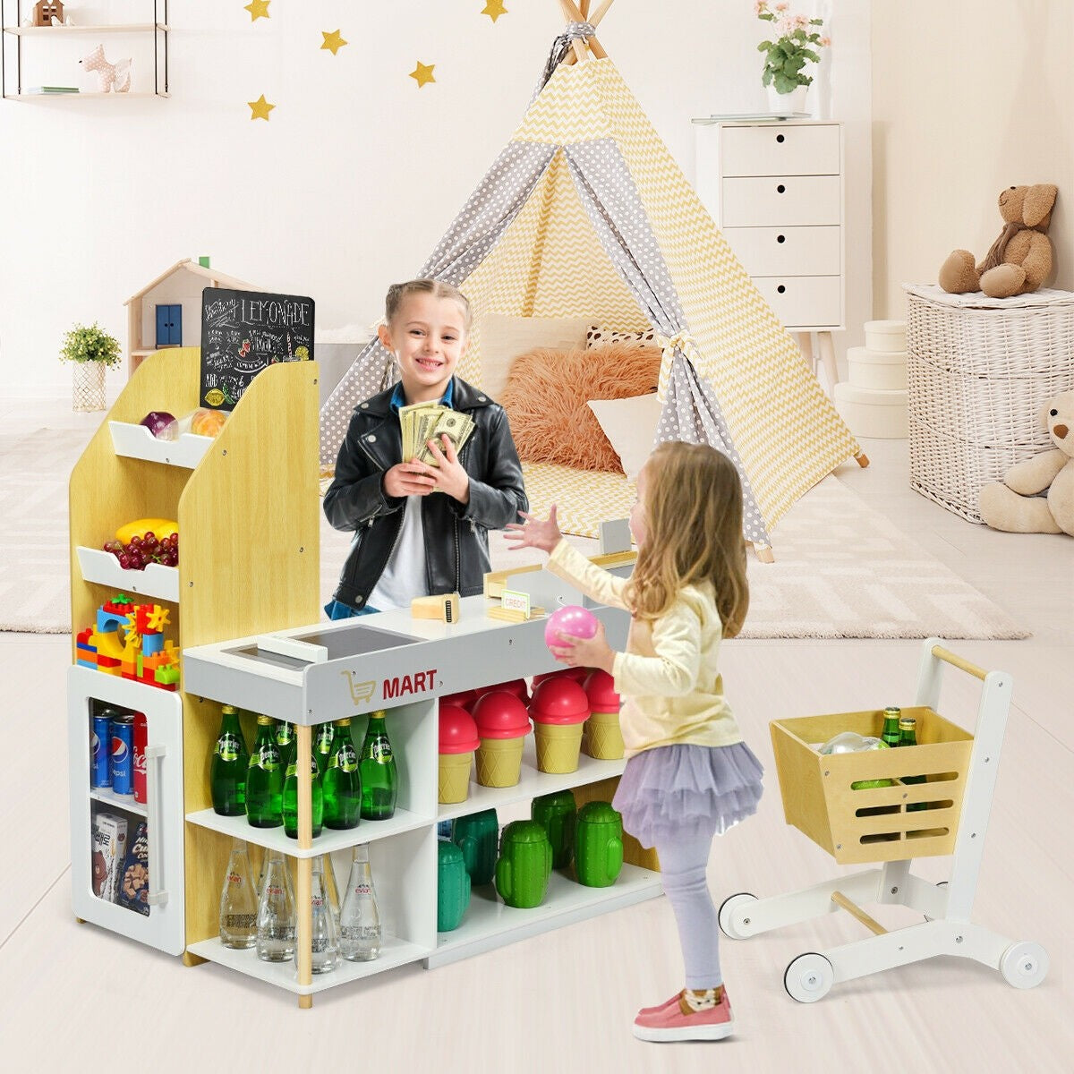 Costzon Pretend Grocery Store Playset, Supermarket Play Toy with Shopping Cart (Play Food Set are not Included)