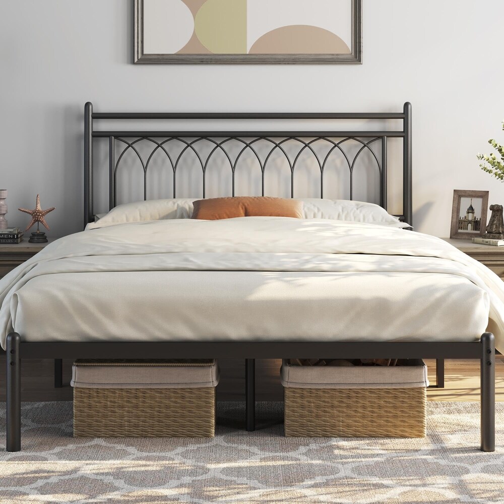 Modern Queen Size Metal Platform Bed Frame with Petal Accented Headboard  Spacious Underbed Storage