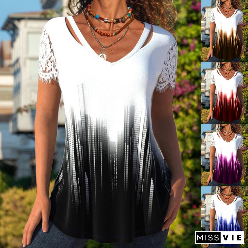 Women's Summer V-neck Gradient Personalized Printed Loose Blouses