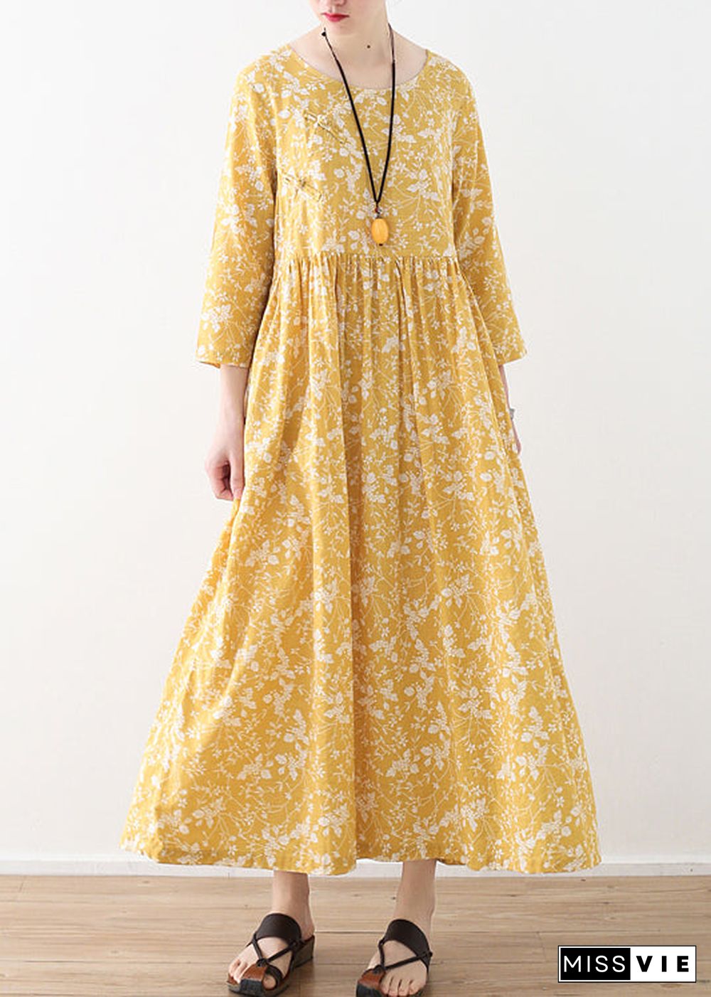 Original Yellow O-Neck Wrinkled Print Loose Dresses Three Quarter sleeve